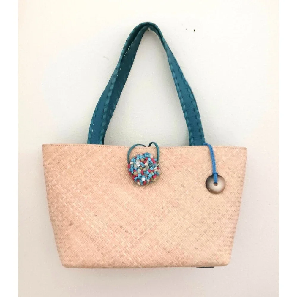 The Sak Rattan Shoulder Tote Turquoise Leather Straps Multi Stone Toggle Button